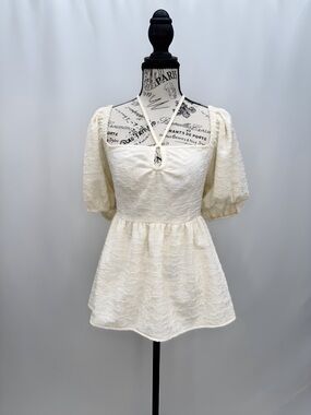 Cream Textured Puff Sleeve Babydoll Top- Large